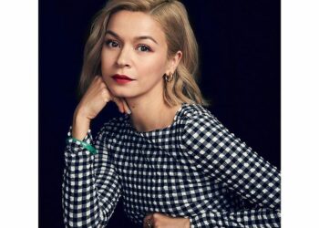 Julia in black and white check dress