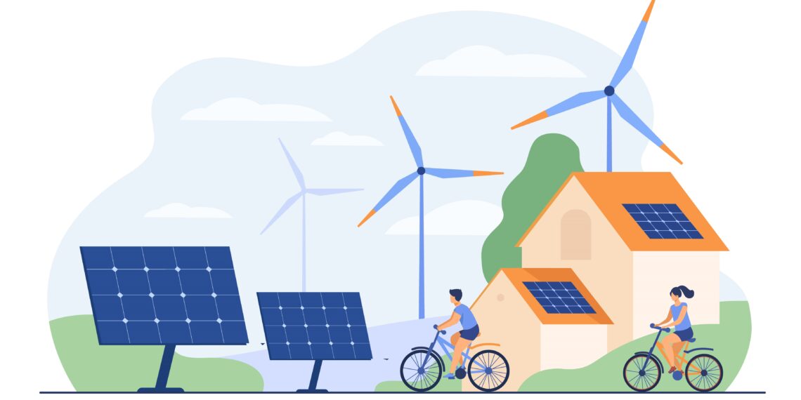 Active people on bikes, windmills and house with solar panel on rooftop flat vector illustration. Cartoon characters living healthy lifestyle. Renewable energy and smart technology concept