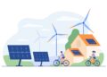 Active people on bikes, windmills and house with solar panel on rooftop flat vector illustration. Cartoon characters living healthy lifestyle. Renewable energy and smart technology concept