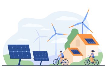 Active people on bikes, windmills and house with solar panel on rooftop flat vector illustration. Cartoon characters living healthy lifestyle. Renewable energy and smart technology concept