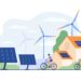Active people on bikes, windmills and house with solar panel on rooftop flat vector illustration. Cartoon characters living healthy lifestyle. Renewable energy and smart technology concept