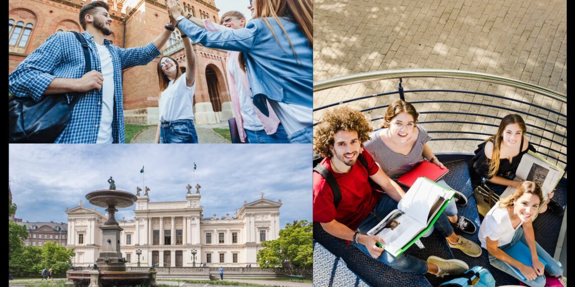 Collage of college students and a Lund University building in Sweden.