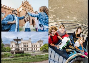 Collage of college students and a Lund University building in Sweden.