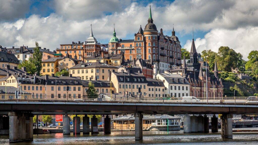 These buildings are in an area known as Södermalm, an island in the southern area of Stockholm.